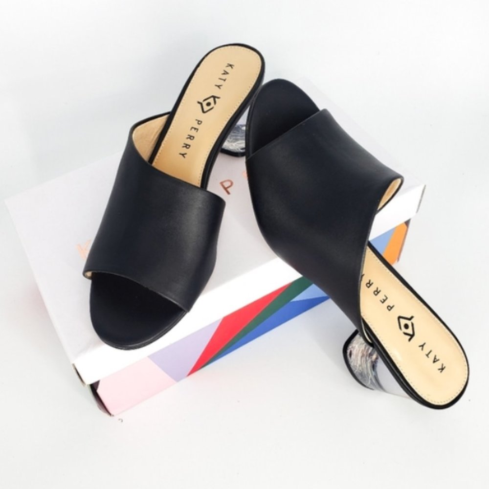 Katy Perry "Landen" Black Asymmetric Faux Leather Acrylic Heel Open Toe Mules